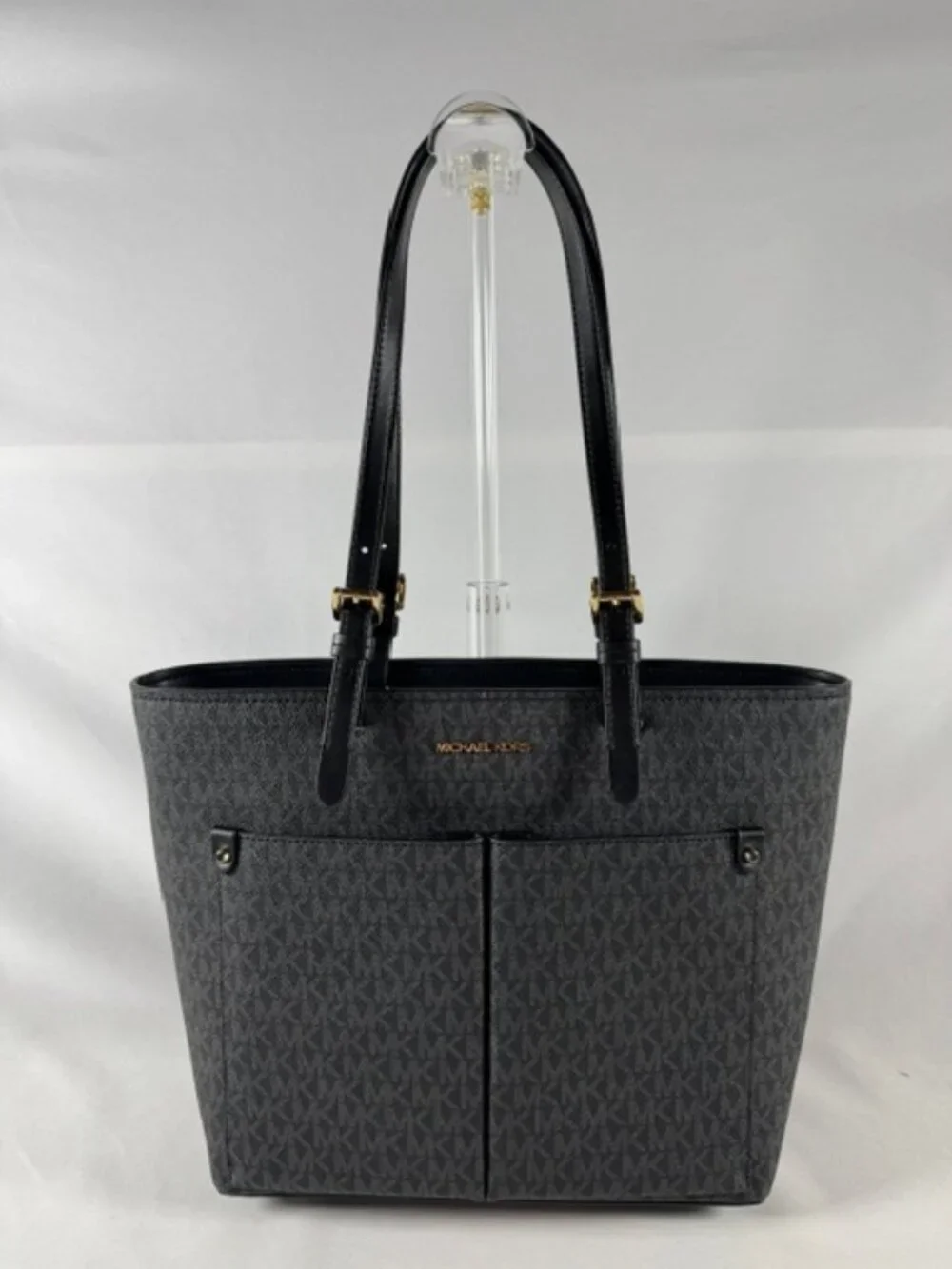 NEW Michael Kors Jet Set Medium Logo Pocket Tote, Black Signature Canvas NWT